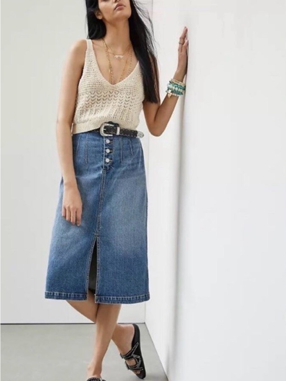 Anthropologie Pilcro Classic Blue Denim Button-Front Midi Skirt size Small